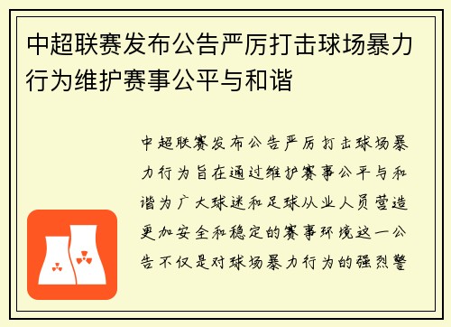中超联赛发布公告严厉打击球场暴力行为维护赛事公平与和谐